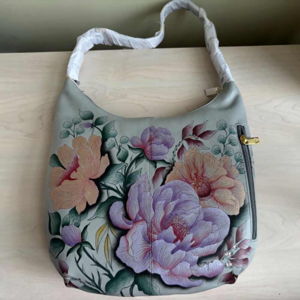Sale! New Designer Anuschka Light Blue Floral Hand Painted Genuine Leather Bag